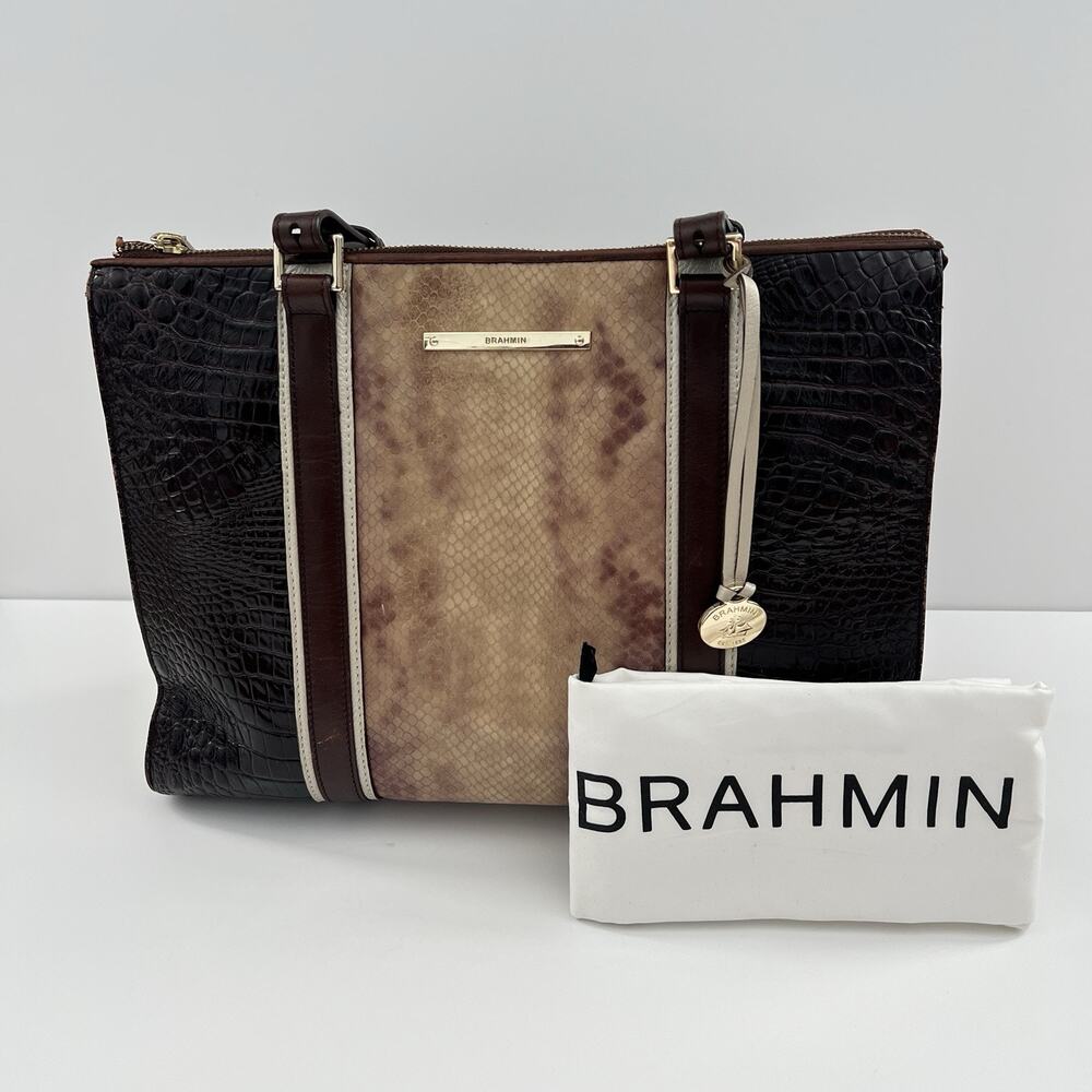 Brahmin Tri-Texture Tortoise Seville Snake Print Leather Anywhere Tote Dust Bag